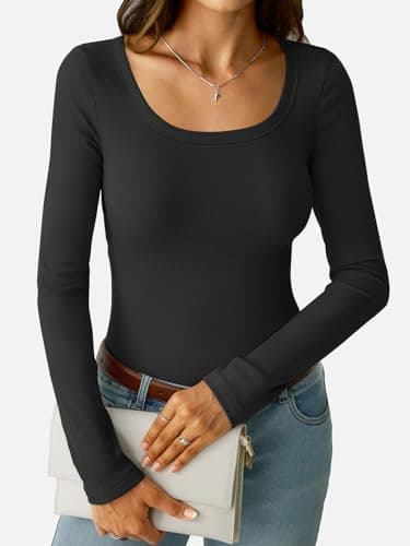 GKBK Women's Long Sleeve Tops Scoop Neck Ribbed Knit Slim Fitted Shirts Casual Basic Tee Shirts Lightweight Fall Sweaters 2025 Fashion Trendy Outfits Black - Thumbnail 3