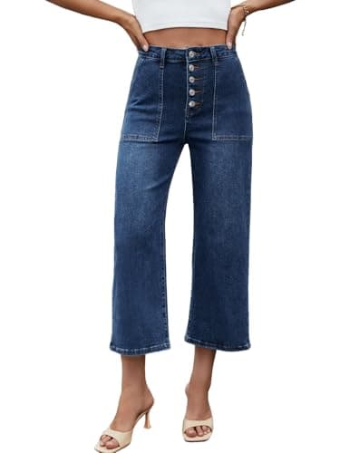 Genleck Women's Wide Leg Jeans – Trendy Cropped Loose Jeans High Waisted Stretchy Capri Denim Pants Baggy Trousers 2025 Dark Blue - Image 1