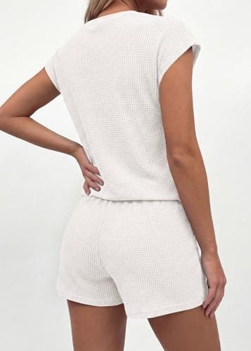KIRUNDO Waffle Knit Short Sets For Women 2026 Summer Two Piece Cap Sleeve Lounge Set Matching Drawstring Vacation Outfits(White, Medium) - Thumbnail 3
