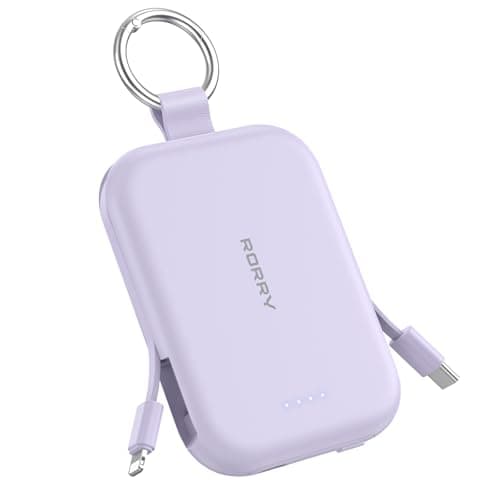 RORRY Portable Charger, 5000mAh Portable Charger Power Bank with Built-in Cables, Travel Keychain Charger Battery Pack for iPhone 17/16/15/14/13/12, for AirPods 2/3/4/Pro, Purple - Image 1