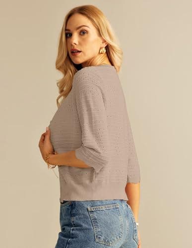 GRACE KARIN Womens Short Sleeve Cardigan Sweater, Lightweight Cropped Cardigan Trendy, Dressy Casual Floral Bolero Shrugs Khaki - Thumbnail 3