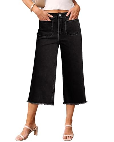 luvamia Capris Jeans for Women Wide Leg High Waisted Trendy Raw Hem Patch Pocket Cropped Stretchy Denim Capri Pants Denim Outfit for Women Washed Black XX-Large Fits Size 20 Size 22 - Image 1