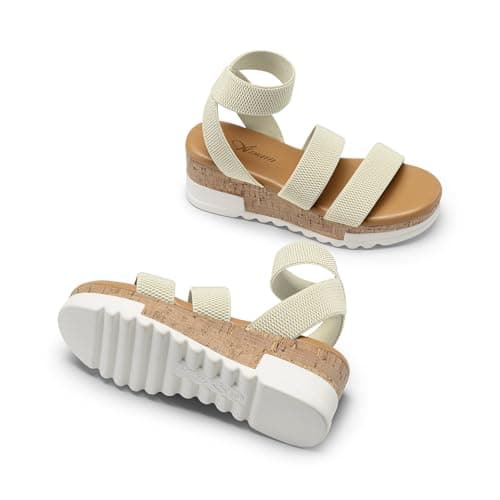 Athlefit Women's Casual Cork Platform Wedge Sandals Open Toe Elastic Ankle Strap Flatform Sandals for Summer, Beige, Size 8, AD00102 - Thumbnail 4
