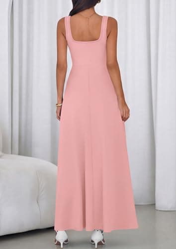 PRETTYGARDEN Womens Summer Dresses 2026 Sleeveless Elegant Square Neck Aline Swing Maxi Beach Wedding Guest Dress Pockets (Pink,Medium) - Thumbnail 4