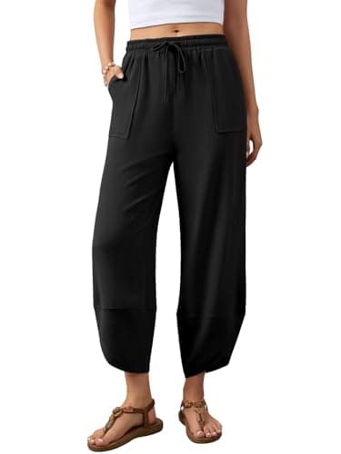 Jiflora Black Wide Leg Linen Pants for Women Harem Pants Drawstring Elastic Waist Trousers with Pockets Beach Black M - Image 1