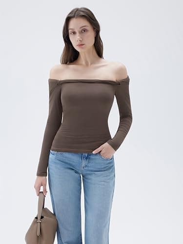 SUUKSESS Women Padded Off The Shoulder Tops Double Lined Going Out Long Sleeve Fitted Basic Fall Shirts(Brown, XS) - Thumbnail 2