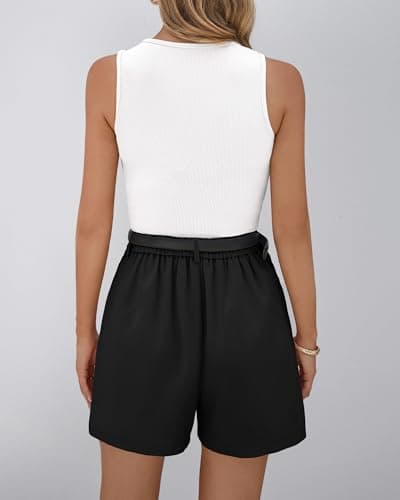 BTFBM 2 Piece Sets for Women Summer 2026 Sleeveless Matching Short Sets Tank Crew Neck Airport Travel Outfits Pockets(White+Black, Small) - Thumbnail 3