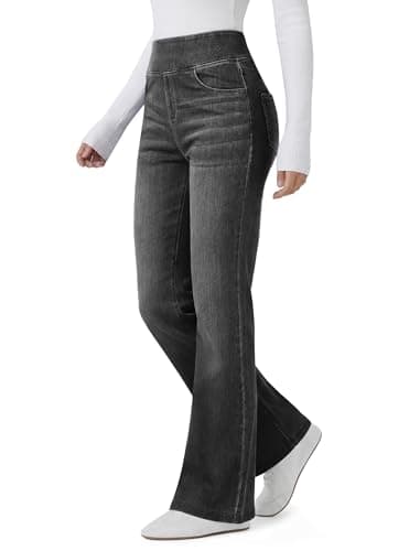 FireSwan Women’s Trendy Stretchy Flare Jeans High Waisted Wide Leg Bootcut Jeans Pull On Casual Loose Denim Pants Dark Grey - Image 1