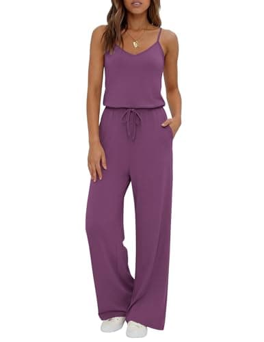 Ekouaer Womens Summer Jumpsuits Dressy Sleeveless Wide Leg Long Pants Rompers Casual One Piece Outfits with Pockets Purple M - Image 1
