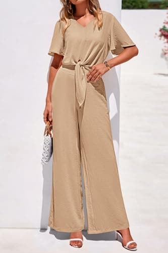 PRETTYGARDEN Women 2 Piece Summer Outfits Short Sleeve Strappy Top Wide Leg Pants Tracksuit Lounge Sets Beach Clothes(Khaki,XX-Large) - Thumbnail 4