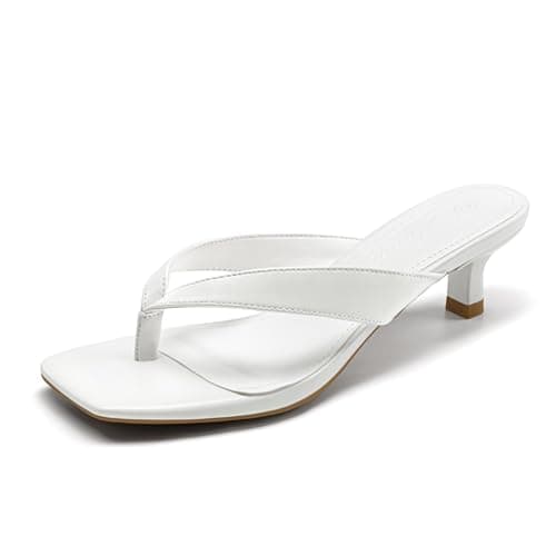 Athlefit White Kitten Heels for Women Dressy Flip Flops Square Toe Summer Short Low Heels Slip On Thong Heeled Sandals White Size 9 - Image 1