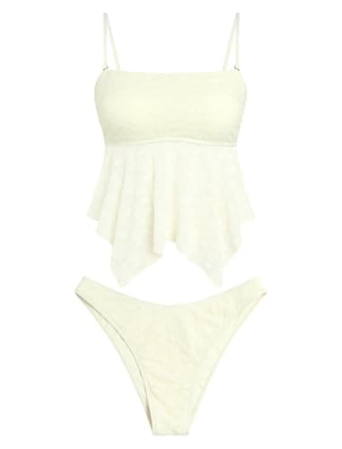 ZAFUL Womens Tankini Swimsuits Lace Jacquard Flowy Swimwear Square Neck Spaghetti Sting Bikini Mid Waisted Briefs (Cream L) - Image 1