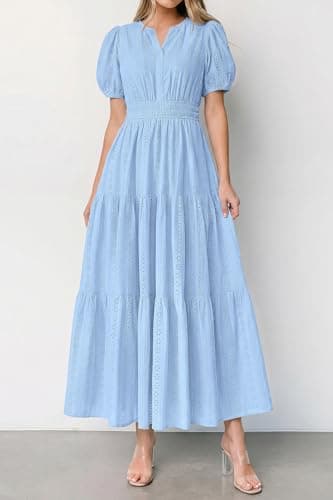 PRETTYGARDEN Womens Summer Maxi Dresses 2026 Casual Puff Sleeve V Neck Smocked Flowy Eyelet Cotton Dress Spring Sundress(Light Blue,X-Large) - Thumbnail 3