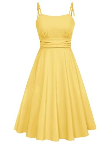 Belle Poque Vintage Dress for Women 2026 Summer Sleeveless Cute A-Line Flowy Swing Fit and Flare Midi Dress Yellow L - Image 1