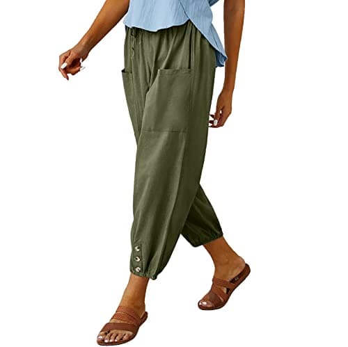 WROLEM Women's High Waist Pants Drawstring Capri Pants with Pockets Wide Leg Cropped Pants for WomenGreen XX-Large-3 - Image 1