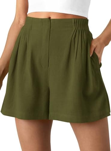 BTFBM Womens Shorts Casual 2026 Spring Summer Elastic High Waisted Pleated Cotton Shorts Beach Vacation Outfits Pockets(Army Green, Small) - Image 1