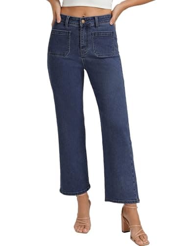 Belle Poque Women Straight Leg Jeans Dark Blue Mid Rise Stretchy Wide Leg Denim Pants with Pockets Front (Dark Blue, 10) - Image 1