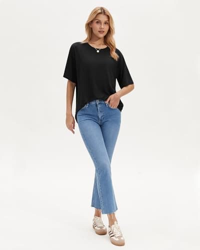 Stelle Black T Shirts for Women Oversized Crew Neck Short Sleeve Summer Tops Loose Fit Soft Basic Tee Shirt Large - Thumbnail 4