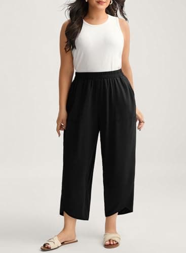 AlvaQ Womens Plus Size Fashion Wide Leg Pants Casual Loose High Waisted Lounge Palazzo Harem Trousers with Pockets Black 1X - Thumbnail 3