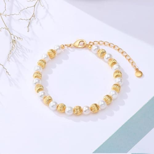 LCTrusttmor Gahna 18K Gold Plated Bangle Bracelet for Women, Non-Tarnish Stackable Nail Bracelets Set With Beaded, Dainty Adjustable Cubic Zirconia Snake Chain With Pearl Crystal Beaded, Trendy Jewelry Mother's Day Birthday Gifts for Lover Mom Her - Thumbnail 5