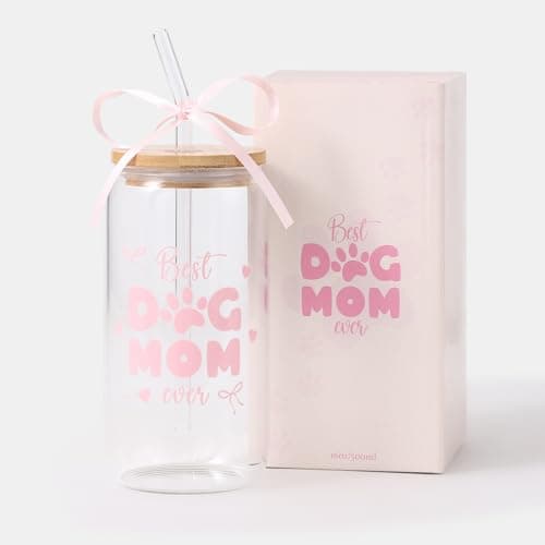 LANGASQUE Gog Mom Gift for Women, 16oz Glass Cup with Lids Straws Pink Bow Gift Box, Christmas Dog Lover Gifts, Dog Mom Gift for Birthday Mothers Day - Image 1