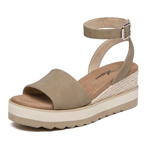 Athlefit Women's Platform Sandals Buckle Ankle Strap Open Toe Espadrille Khaki Wedge Sandals Size 8 - Image 1