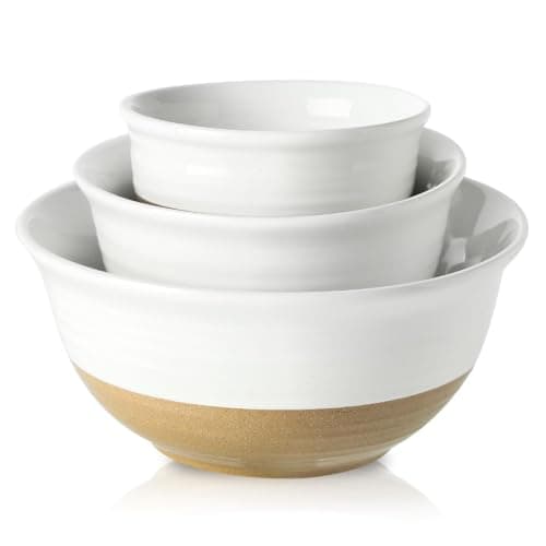 HASENSE Ceramic Mixing Bowls, Large Serving Salad Pasta Bowls Set, 2.1/1.0/0.5 Qt for Entertaining, White Nesting Batter Bowls for Prepping Baking, Dishwasher Microwave Safe, Set of 3