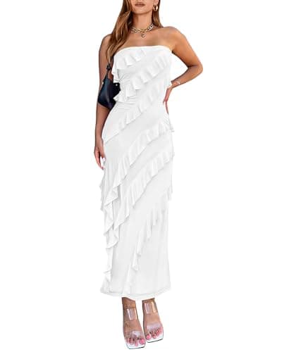 BTFBM Women Summer Elegant Strapless Midi Ruched Bodycon Dress Solid Color Stretch Mesh Slim Party Cocktail Dresses - Image 1