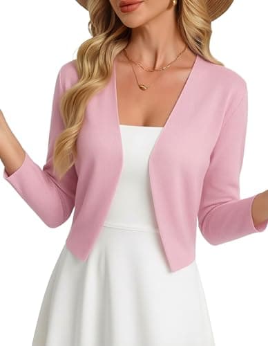 GRACE KARIN 3/4 Sleeve Cropped Cardigans for Women, Lightweight Knit Sweater Blazer, Dressy Casual Shrugs Spring Outfits Pink - Image 1