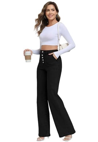 MARIASHA Women's Straight Leg Jeans High Waisted Button Fly Stretch Denim Pants for Women Black L - Thumbnail 5