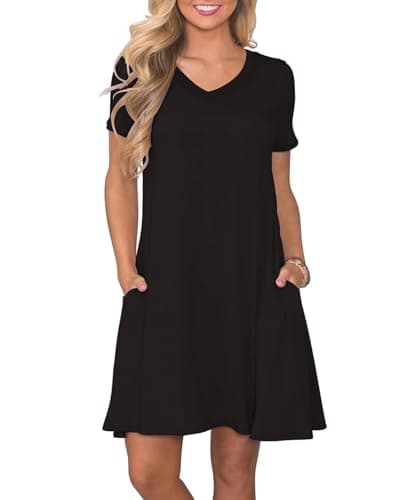 COSSEN Women's Casual T Shirt Dress Black Small V-Neck Short Sleeves Birthday Party Summer Travel Beach Swing Dresses with Pocket - Image 1