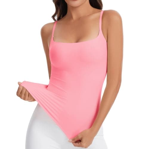 CORSKI Womens Double Lined Square Neck Tank Tops Adjustable Spaghetti Strap Camisole Y2K Going Out Cami Shirt Pink - Image 1