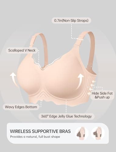 OEAK Womens Seamless Scalloped Bras No Underwire Push Up Full Coverage Bra Comfortable Soft Convertible Everyday Tshirt Bra Nude,S - Thumbnail 6