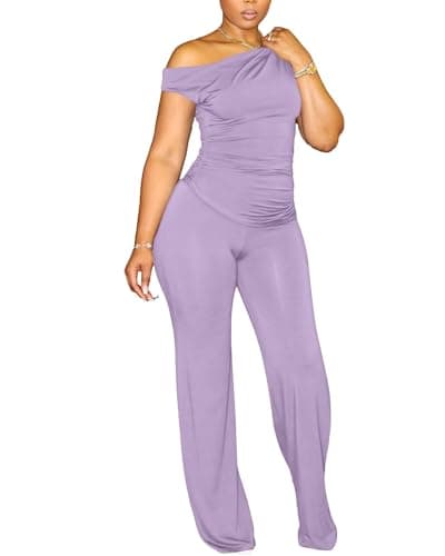 CXXQ Sexy 2 Piece Outfits for Women Off Shoulder Ruched Crop Tops Wide Leg Pant Set Tracksuit Clubwear Purple L - Image 1