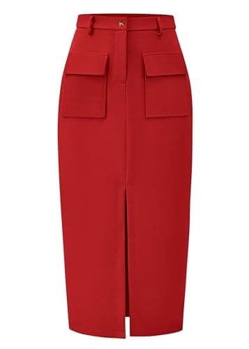 KIRUNDO Midi Skirts for Women Spring Summer High Waisted Cargo Trendy Pencil Slit Dressy Casual Business Work Long Skirt(Red, Large) - Image 1