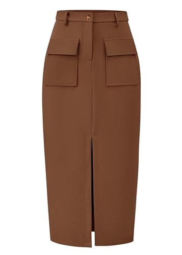 KIRUNDO Midi Skirts for Women Spring Summer High Waisted Cargo Trendy Pencil Slit Dressy Casual Business Work Long Skirt(Dark Khaki, Large) - Image 1