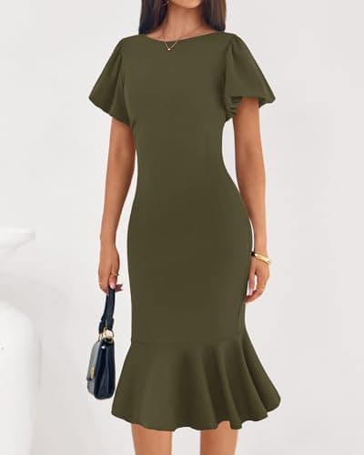 BTFBM Women Formal Wedding Guest Cocktail Dresses 2026 Short Sleeve Ruffle Mermaid Work Bodycon Elegant Midi Summer Dress(Army Green, XX-Large) - Thumbnail 5