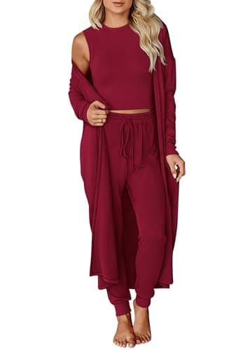 KIRUNDO 3 Piece Lounge Sets for Women Airport Travel Vacation Outfits Spring Cardigan Matching Sleeveless Top Jogger Pants(Wine Red, Medium) - Image 1