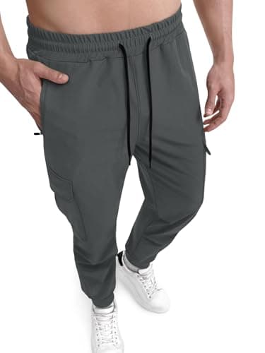 Crastimo Men's Hiking Pants Elastic Waist Drawstring Cuffs Sweatpants Lightweight Zipper Pockets Slim Fit Trousers Tapered Running Outdoor Gray L - Image 1
