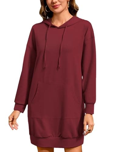 Quenteen Women Hoodies Dress Hooded Sweatshirts Dress Casual Long Sleeve Tunic Dress Oversized Sweatshirts with Pocket A-wine Red - Image 1