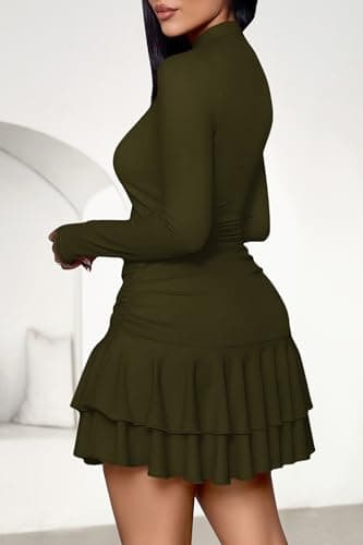 PRETTYGARDEN Womens Spring Long Sleeve Dresses 2026 Mock Neck Ruched Y2K Clothes Ruffle Layered Bodycon Mini Party Dress(Army Green,Small) - Thumbnail 5