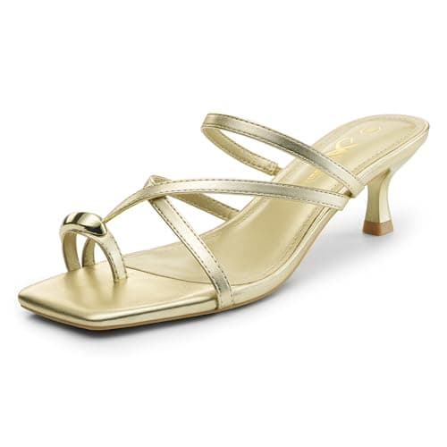 Athlefit Gold Kitten Heels for Women Strappy Flip Flop Low Heels Square Open Toe Slip On Fashion Dress Short Heeled Sandals for Wedding Prom Size 9 - Image 1