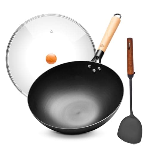 WANGYUANJI Carbon Steel Wok Pan - 12.6 Inch Flat Bottom Iron Wok, Woks & Stir-Fry Pans, Carbon Steel Pan for Induction Cookware and Gas Stoves - Image 1