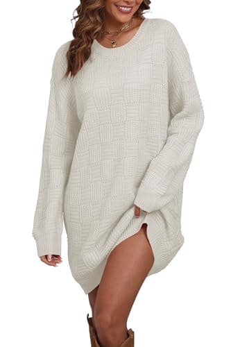 Cakulo Womens Checkered Sweater Dress Oversized Fall Winter Long Pullover Sweaters Casual Loose Knit Dresses 2025 White S - Image 1