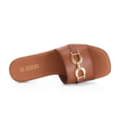 Rihero Womens Flat Sandals Fashion Square Open Toe Slides Slip On Dressy casual Slide Sandals with Metal Chain Cognac Size 9.5 - Thumbnail 4