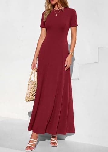 KIRUNDO Wedding Guest Dresses for Women 2026 Spring Summer Short Sleeve Pleated Long Flowy A Line Formal Maxi Dress Pockets(Burgundy, Medium) - Thumbnail 3