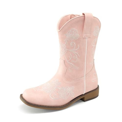 DREAM PAIRS Girls Cowboy Boots Floral Embroidered Classic Western Cowgirl Boots Square Toe Mid Calf Side Zipper Horsing Party Toddler/Little/Big Kids,Size 13 Little Kid,Pink,SKMB26003K - Image 1