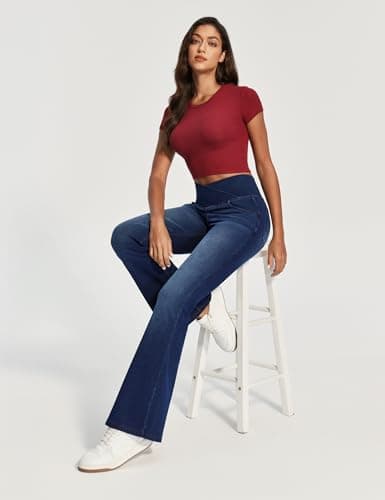 IUGA Stretchy Jeans for Women Bell Bottom Jeans V Cross High Waisted Jeggings Pull On Wide Leg Sweatpant Jean Flare Leggings(Whiskers Dark Wash, Medium) - Thumbnail 5