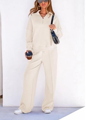 Lazysmile 2 Piece Sets For Women Lapel Half Zip Sweatshirt and Wide Leg Long Pants Sweatsuit Lounge Sets Workout Sets - Thumbnail 3