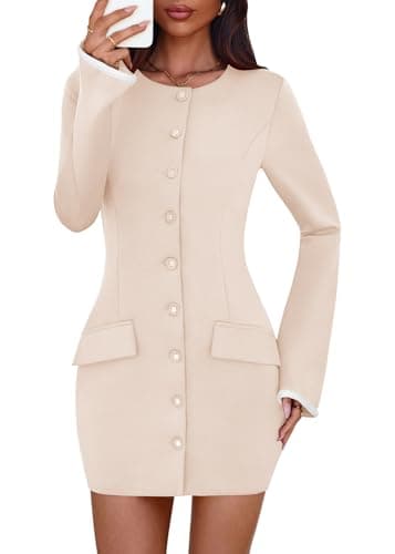 Lazysmile Women's Casual Dresses Long Sleeve Boat Neck Button Down Bodycon Mini Fall Party Club Cocktail Dresses for Women Apricot - Image 1